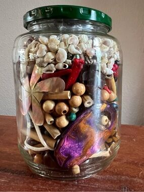 Mystery Jar of Organic Beads Wood Shell Nut Coral Rescued and New Bead Caps